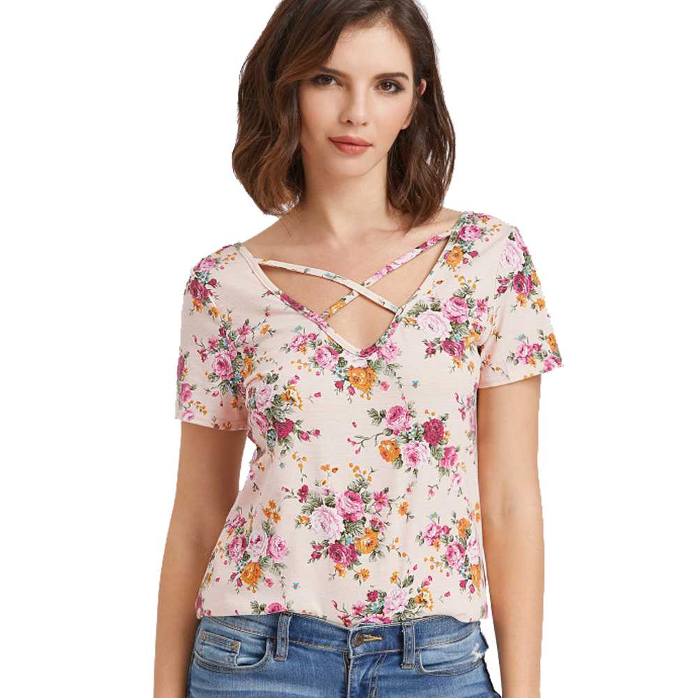 Crisscross Neck Floral Print T-Shirt